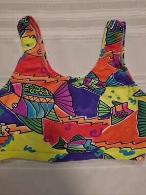 Retro Vibrant Neon Fish Print Sports Bra